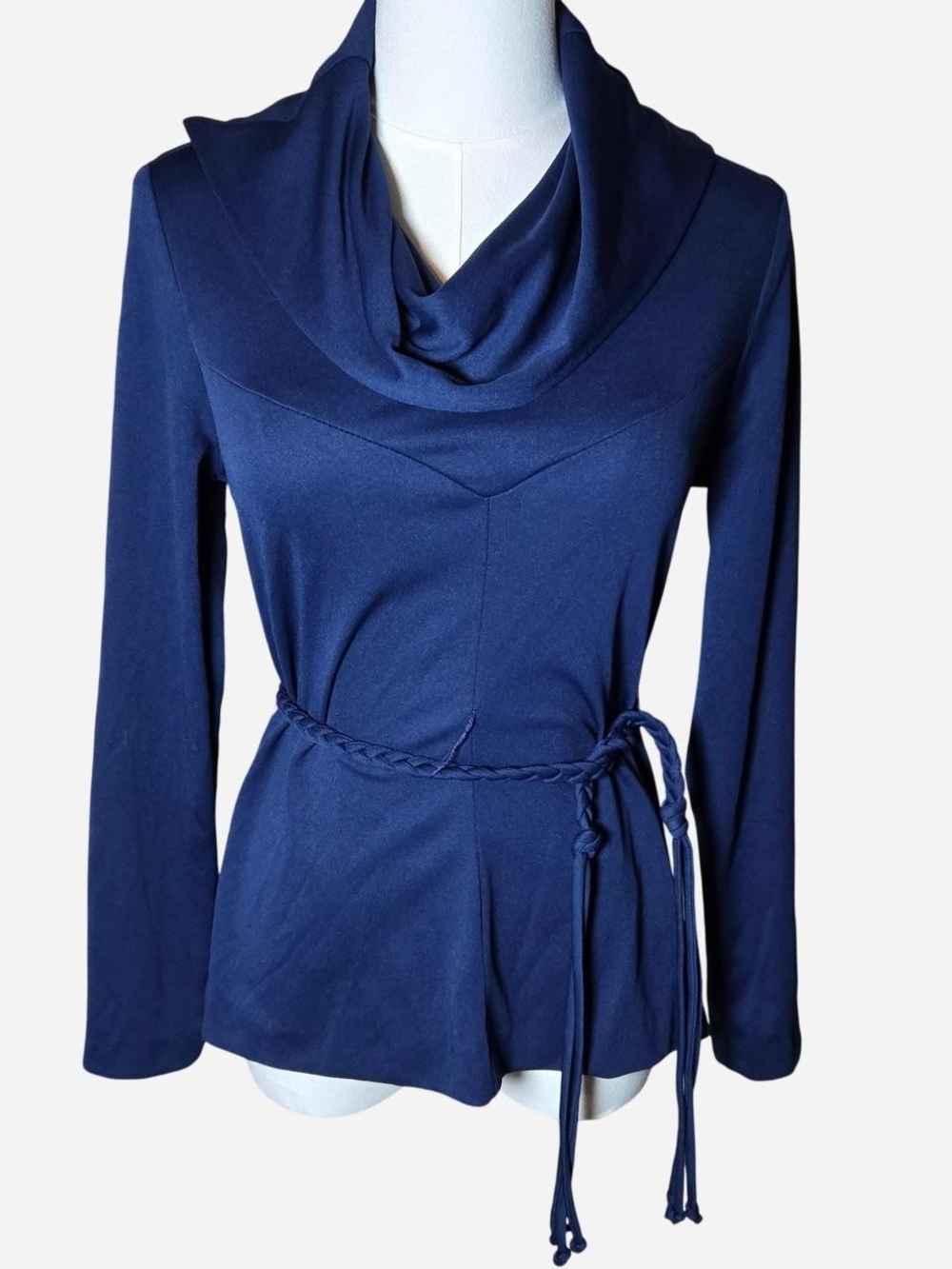 Retro tapered blue v-siloutte cowl neck blouse US XS/S with adjustable tie waist